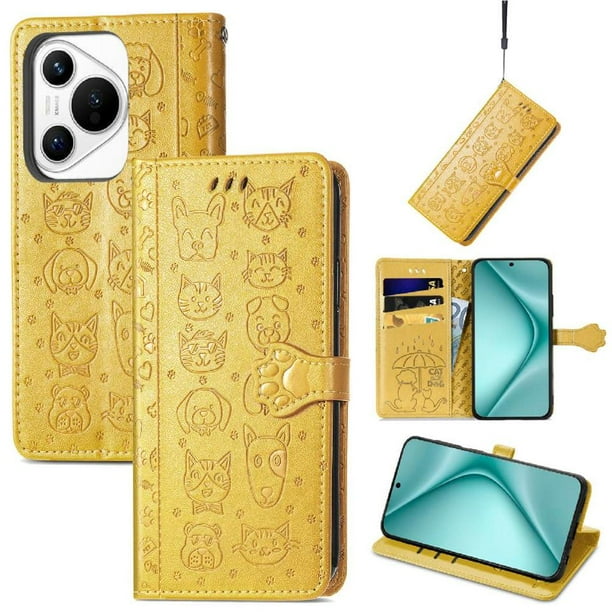 Funda Cartera FOXDOCK para Huawei Pura 70 Pro , Flip PU con Relieve de Gatos y Perros, Tarjetero y Soporte