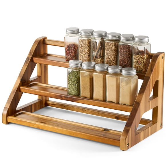 Estante para Especias Tinamo de Madera de Acacia de 3 Niveles y 24 Tarros