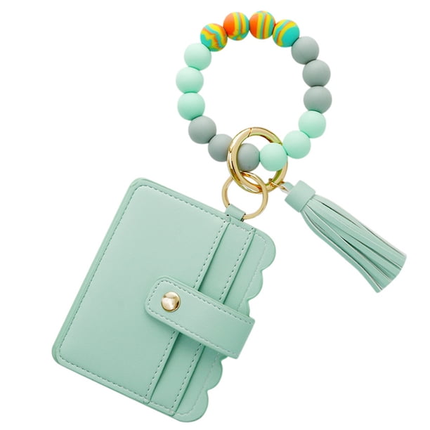 Pulsera llavero billetera, llavero de silicona con cuentas, llavero con borla y tarjetero para mujer