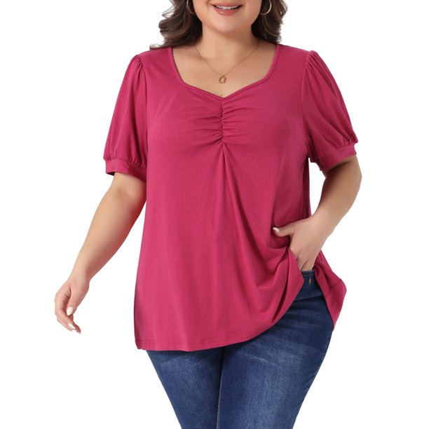 Agnes Orinda Blusas de Mujer Tallas Grandes Cuello Corazón Manga Corta Abullonada Camisas Plisadas Verano Casual 3X Rojo Rosado