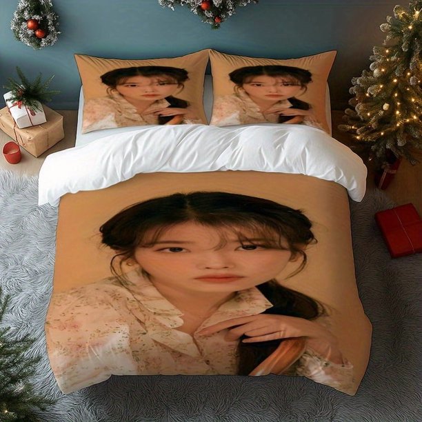 3pcs IUJiEun Black Hair Gentle Photo Print Three-Piece Set Duvet Cover + Double Pillowcases