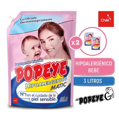 Pack 2 X Detergente Popeye Hipoalergénico Bebé Doypack 3 Lt.