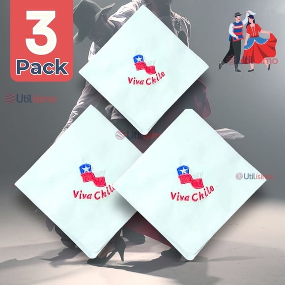 Pack 3 Pañuelos Baile Cueca 36 CM Bordado Viva Chile Baile Fiestas Patrias