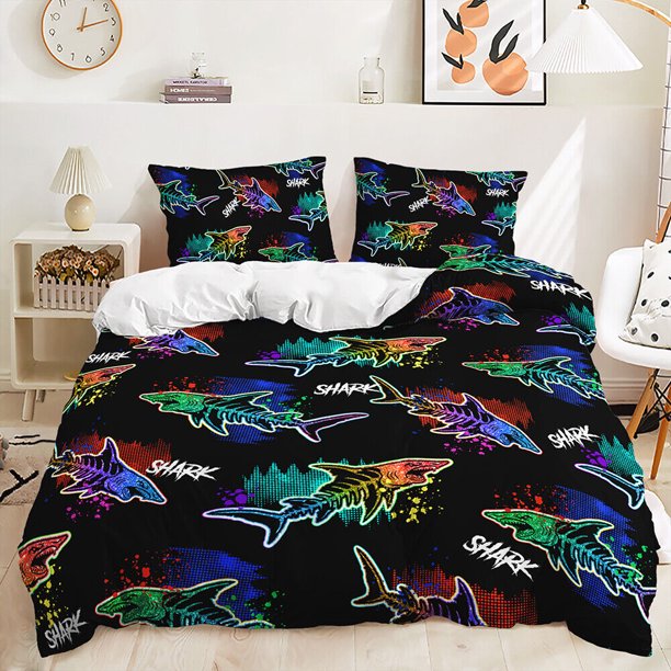 Shark Attack Big Deep Sea Tuna Starfish Colorful Duvet Quilt Cover Bedding Set3-Piece Bedding Set