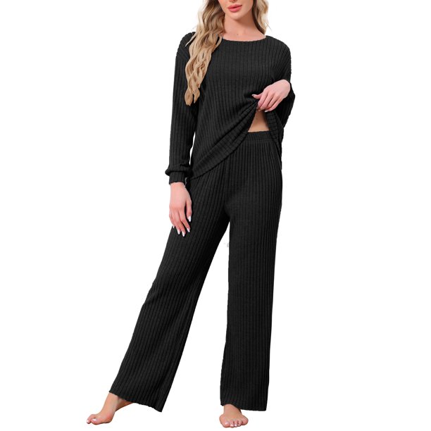 INSPIRE CHIC Conjuntos de Pijamas de Punto Acanalado para Mujer 2 Piezas Top de Manga Larga y Pantalones Ropa de Dormir Pijamas Ropa de Descanso S Negro