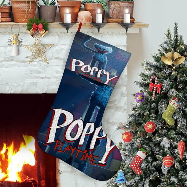Poppy Playtime Tema: Calcetines de Navidad, fino lino blanco para colgar en escaleras y chimenea, decoración navideña para el hogar, regalo de Navidad. 54cm × 38cm