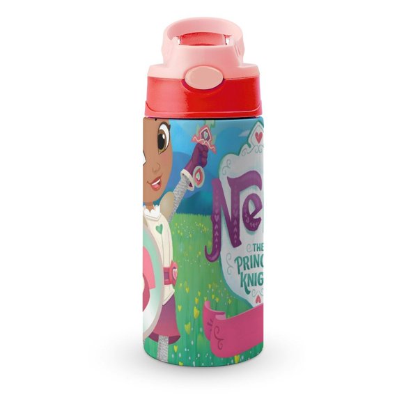 Nella, la princesa caballeroBotella de Agua con Tapa Pop Top de Un Toque, Acero Inoxidable, a Prueba de Fugas, para Deportes, Botella Infantil rosa 12 oz