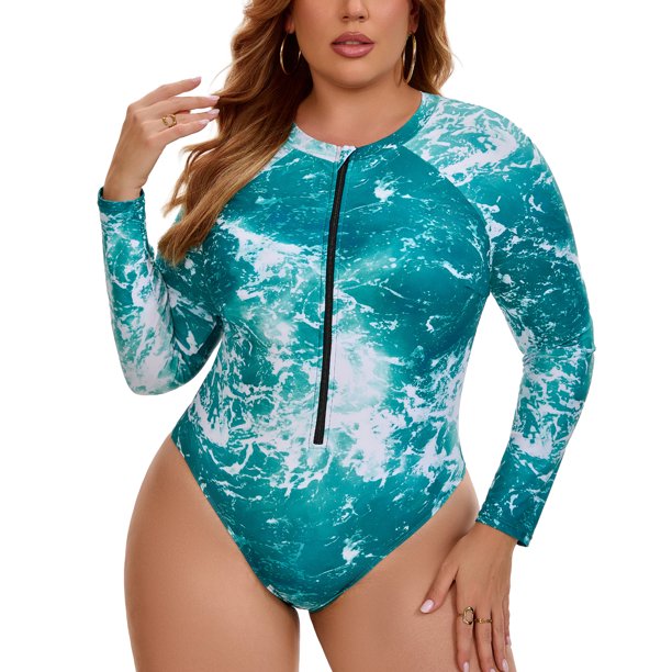Agnes Orinda Traje de baño de una pieza para mujer de talla grande para escuela y universidad, manga larga, teñido anudado, media cremallera, traje de baño para vacaciones en la playa, 4X verde