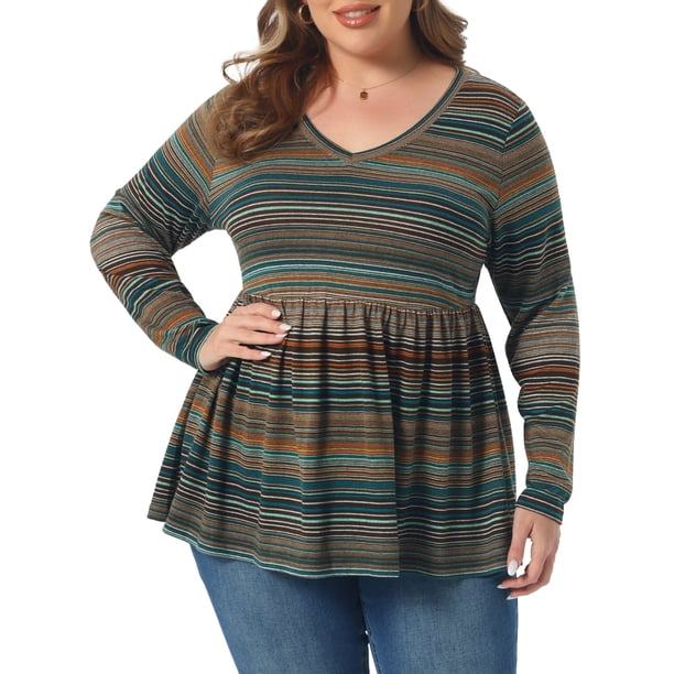 Agnes Orinda Conjuntos de Halloween para Mujeres Tallas Grandes Blusas Babydoll Vintage a Rayas Boho Cuello en V Manga Larga Cintura Elástica Blusa Casual 2X Naranja Marrón