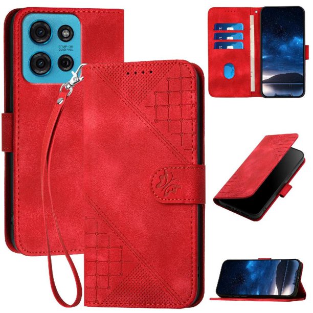 Funda Flip Premium Fibra de Carbono para Motorola MOTO G75 con Soporte y Cierre Rojo