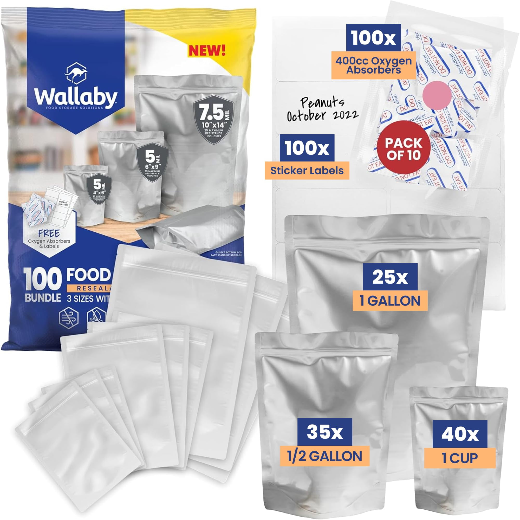 Bolsas De Mylar Wallaby De Varios Tamaños, 100 Quilates, Con Absorbedores De Oxígeno