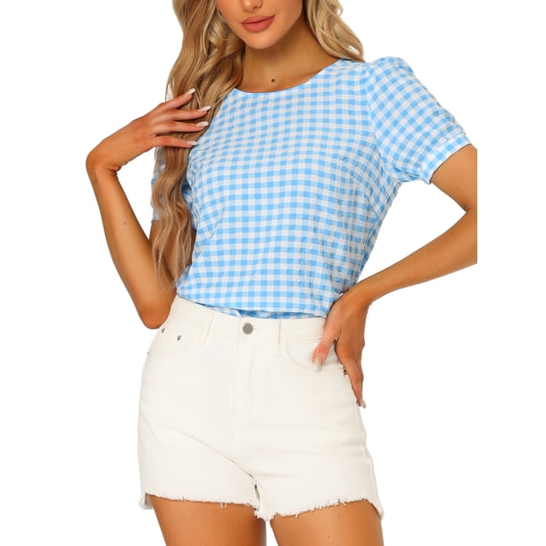 INSPIRE CHIC Blusas Vintage de Cuadros para Mujer con Mangas Cortas Abullonadas Cuello Redondo Camisa Casual L Azul Claro