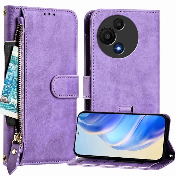 Funda Billetera Cremallera para TCL 60 SE NxtPaper con Porta Tarjetas, Soporte y Correa Morado