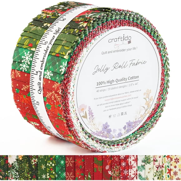 Jelly Roll Craftido, 40 Tiras de 2.5 x 44 in, 100% Algodón, Navideño