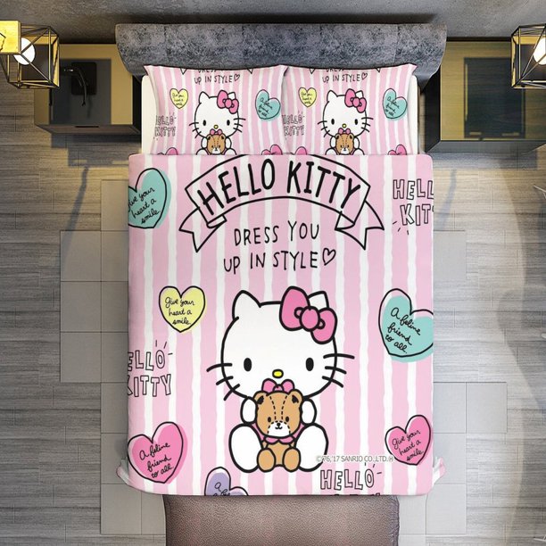Comforter Set Queen Size Stripe Hello Kitty Set with 2 Pillowcases for All SeasonsBedding Set 3pcs for Kids Boys Girls Bedroom Decor Bed Sheets