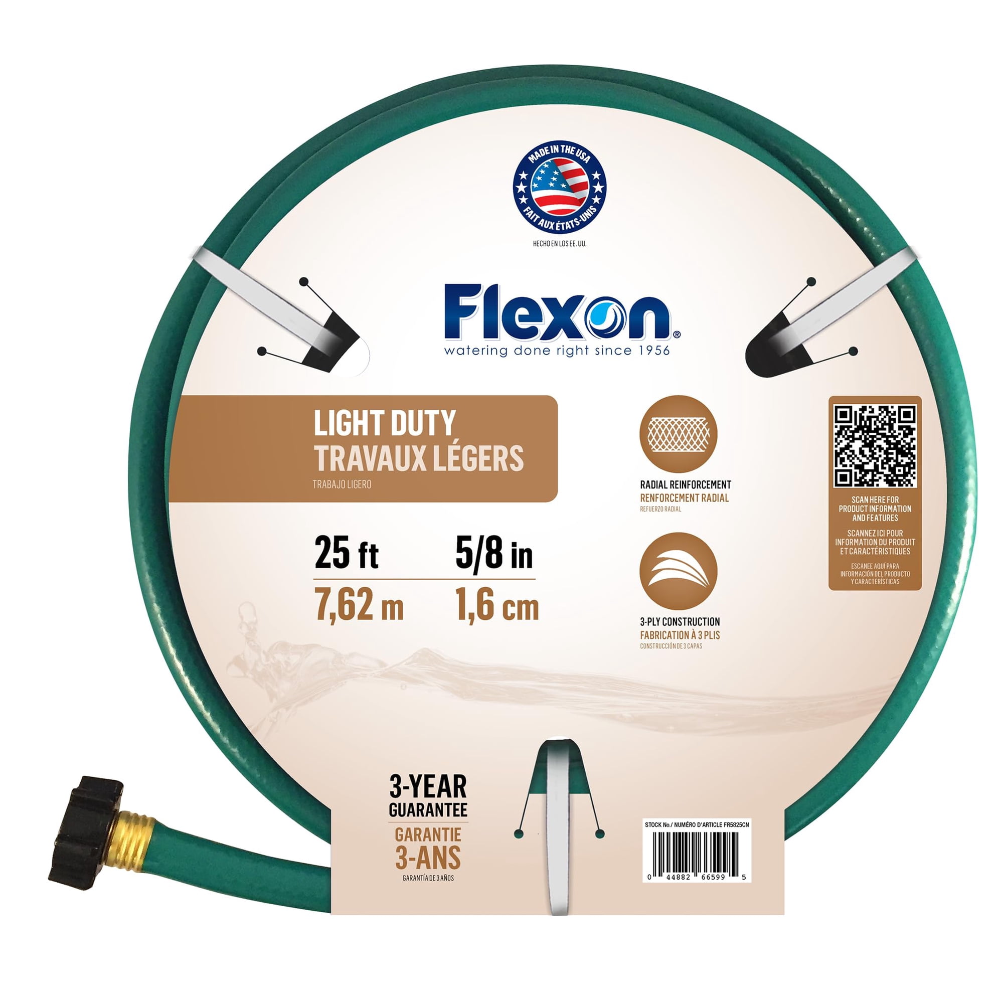 Manguera De Jardín Flexon Fr5825 Reforzada De 5/8 Pulgadas X 25 Pies, Verde