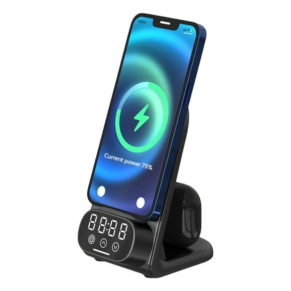 Reloj 3-en-1 Cargador Inalámbrico 15W Para iPhone 12/13/14/15 Pro Max, Estación de Carga Rápida Para AirPods, Soporte Para Auriculares Tipo-C-Negro