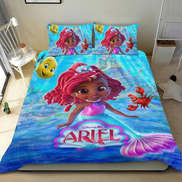 Ariel Junior Conjunto de sábanas temático, trío de piezas, cómodo y amigable con la piel, diseño único, regalo de decoración para el hogar para familiares, amigos y fans, 90 cm * 190 cm