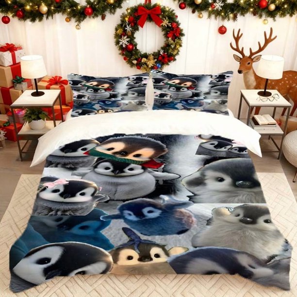Penguin Collage Print Duvet Cover Set Includes a Soft Duvet Cover And Two Pillowcases Skin-Friendly And Breathable Suitable for Family Bedrooms/Guest Rooms Vers