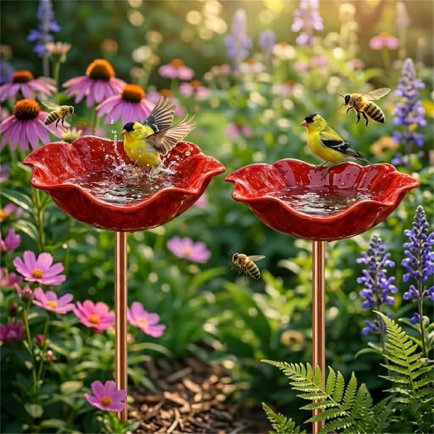 Estaca jardín flor metal hecha mano baño pájaros comedero agua colorida estación riego abejas