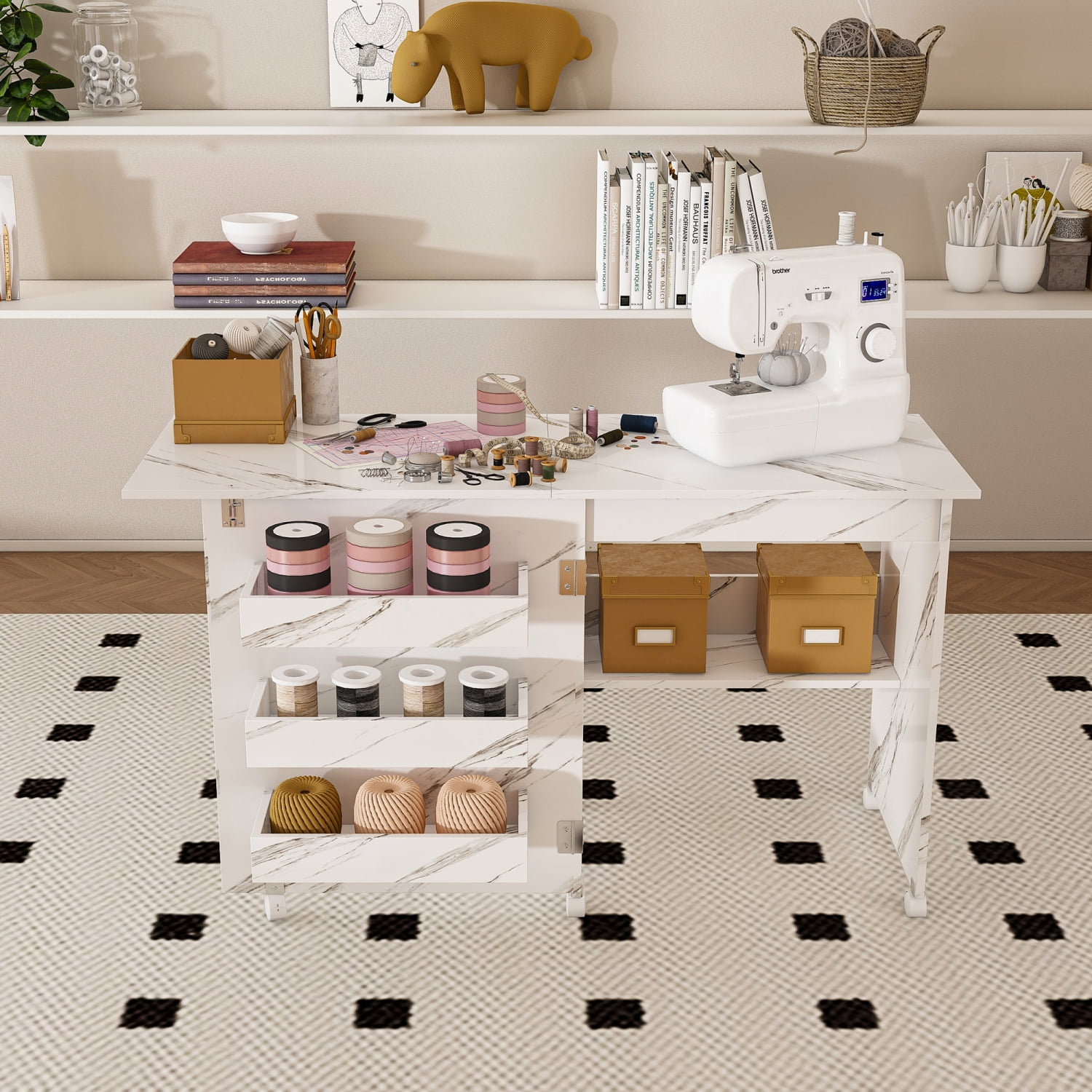 M&ms - 4-in-1 Folding Sewing Table With Lockable Wheels – Multi-functional Craft Station, End Table, Computer Desk & Kitchen Storage With Shelves, White Rolling Sewing Machine Table For Apartments