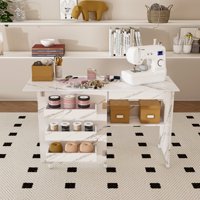 M&Ms - 4-In-1 Folding Sewing Table With Lockable Wheels – Multi-Functional Craft Station, End Table, Computer Desk & Kitchen Storage With Shelves, White Rolling Sewing Machine Table For Apartments