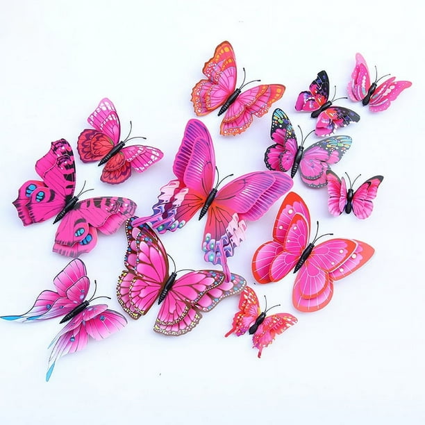 12pcs 3d Three-dimensional Double-layer Simulation Butterfly Stickers, Creative Simulation Butterfly Refrigerator Self-adhesive Sticker Magnet With Glue Sticker, Wardrobe Sticker