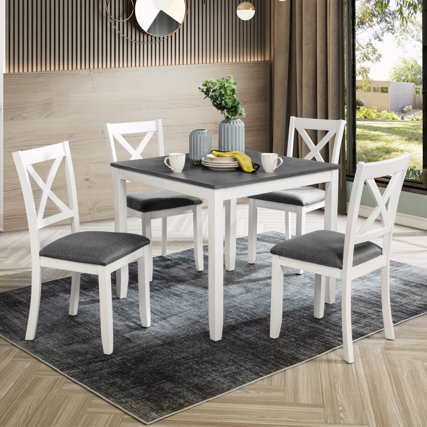 M&ms - 5-piece Dining Table Set With 4 Chairs, Modern Wood Dining Table Set For 4, 4-person Dining Table Set For Small Place, Kitchen, Dining Room, Grey & White Two Tone