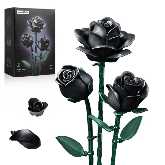 Set de construcción de flores iAtom Black Roses, paquete de 3 con Lego Compat.