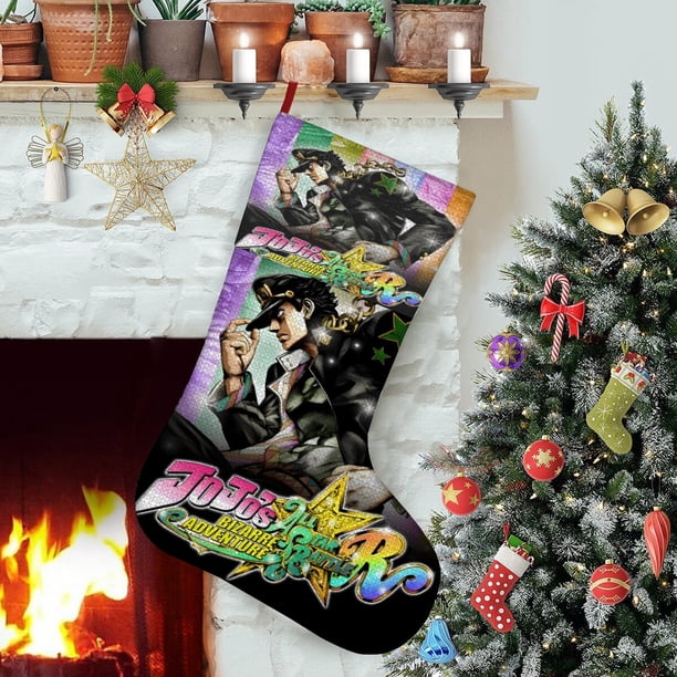 JoJo's Bizarre Adventure Tema: Calcetines de Navidad, fino lino blanco para colgar en escaleras y chimenea, decoración navideña para el hogar, regalo de Navidad. 45cm × 32cm