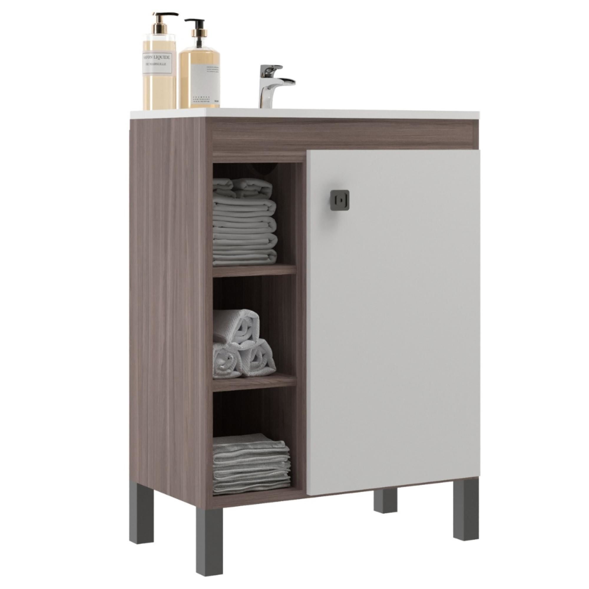 Mobilfrank - Mueble Lavamanos 9002Sb 1 Puerta 3 Nichos Café Smoke - Blanco