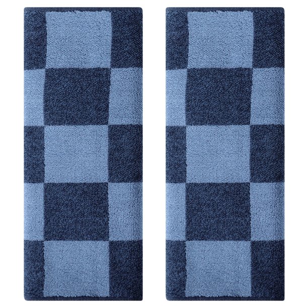 REGALWOVEN Juego de Toallas Decorativas de Mano a Cuadros para Baño 14" x 28", Toallas Faciales de Algodón Suaves y Absorbentes para Spa, Baño, Gimnasio, Cocina Azul Oscuro y Cuadros Azules 2 Piezas