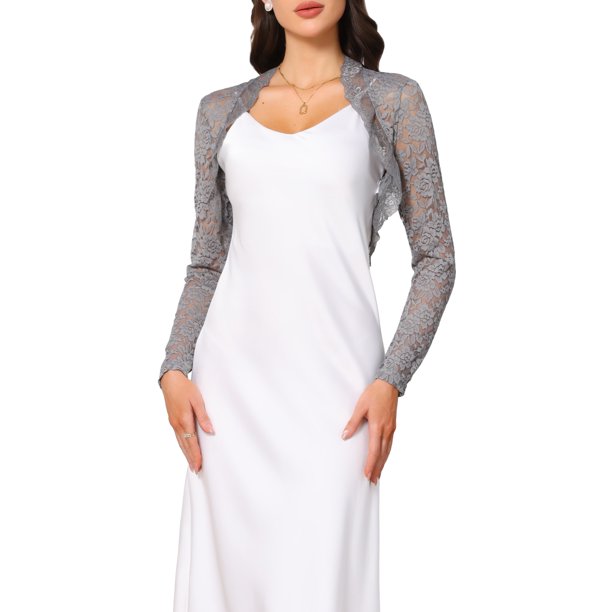 INSPIRE CHIC Bolero de Encaje para Mujer Chaqueta Abierta Frontal de Manga Larga con Diseño Floral Gris M