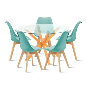 Klik Muebles - Comedor Redondo De Vidrio Cross 120Cm + 5 Silla Tulip Acolchada - Menta