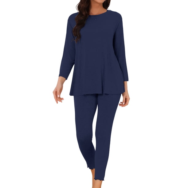 INSPIRE CHIC Conjuntos de Pijama para Mujer de Manga Larga Modal Ropa de Dormir Suave y Cómoda Conjunto de 2 Piezas Pj a Juego Parte Superior Pantalones Ropa de Dormir Ropa de Casa L Azul Real