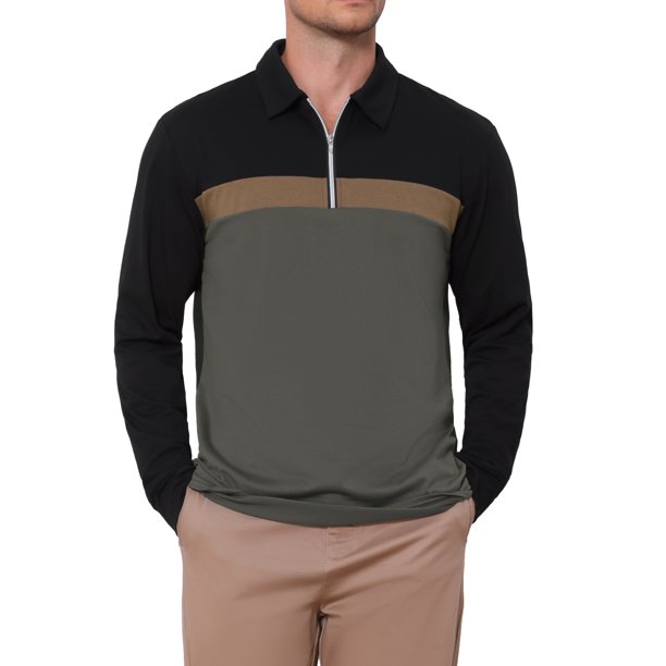 INSPIRE CHIC Camisa Polo de Hombre con Contraste, Cremallera, Manga Larga, Estilo Vintage, Camisetas de Golf M Gris Oscuro