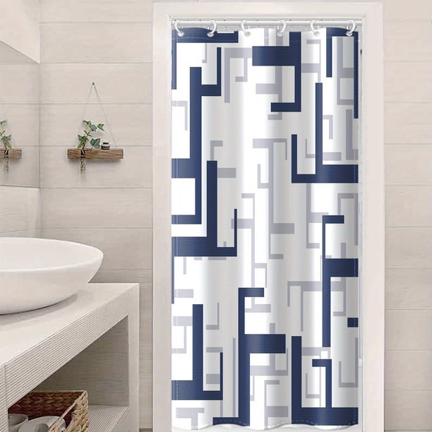 1pc Blue Geometric Pattern Shower Curtain With 12 Hooks, Waterproof And Mildew-Proof Bath Curtain, Machine Washable Bathroom Partition Curtain, Bathroom Decor, Curtain For Windows