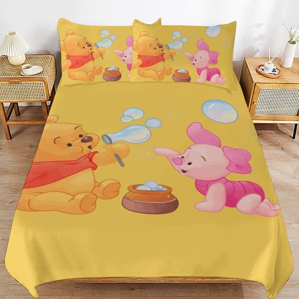 Winnie The Pooh Bed Duvet Cover Microfiber Bedding Sets 3D Printed Lightweight 3 Piece Comforter Sets for Kids Boys Girls