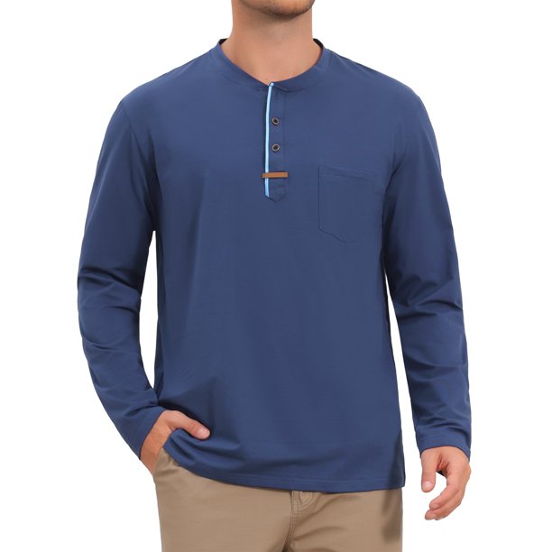 Camisetas Henley de Hombre de Manga Larga Casual con Botones de Algodón Pullover Camiseta 3XL Azul Marino