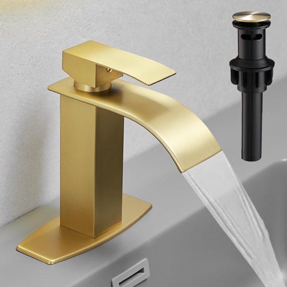 Grifo de baño Hoimpro con caño en forma de cascada en oro cepillado