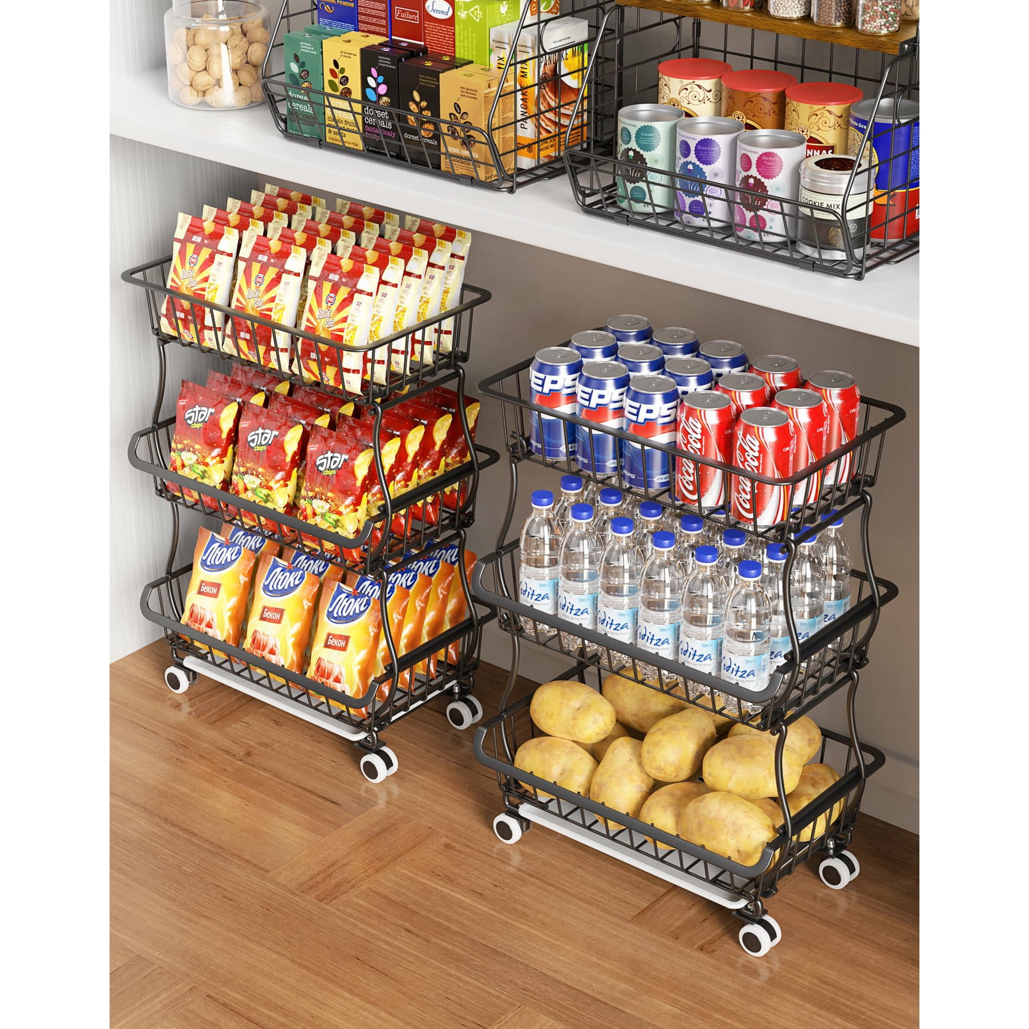 Carrito De Almacenamiento Rolling Pantry Okzest De 3 Niveles Con Ruedas Y Cestas