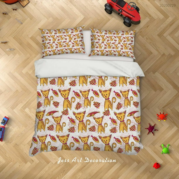 Juego De Ropa De Cama Gato De Dibujos Animados Y Peces 3 Piezas