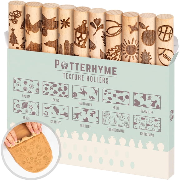Potterhyme Set de 10 rodillos de madera para texturizar arcilla