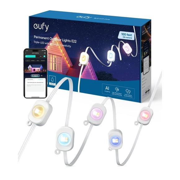 Luces exteriores eufy E22 de 50 pies y 30 LED triples RGBWW IP67