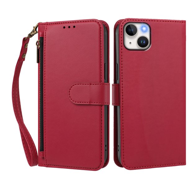 Funda Tipo Billetera para iphone14 Plus con Soporte y Bolsillo con Cierre Rojo