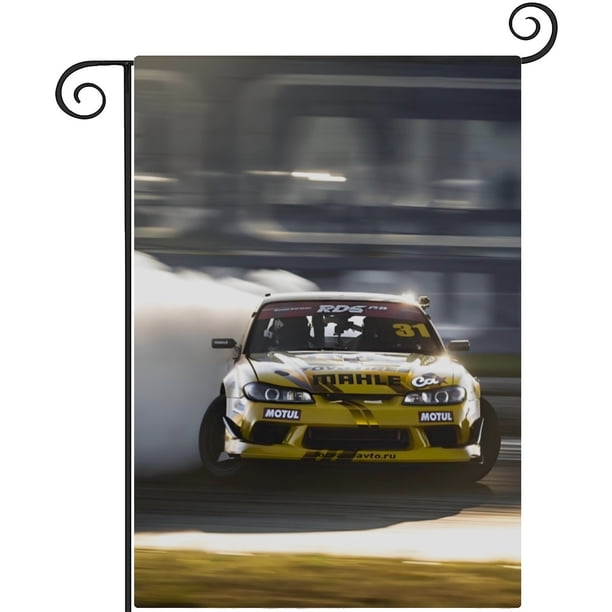 Auto de Carrera-bandera de jardín temática. Regalo perfecto para fans, amigos y familiares, ideal para actividades al aire libre y decoración de fiestas.28CM*45CM