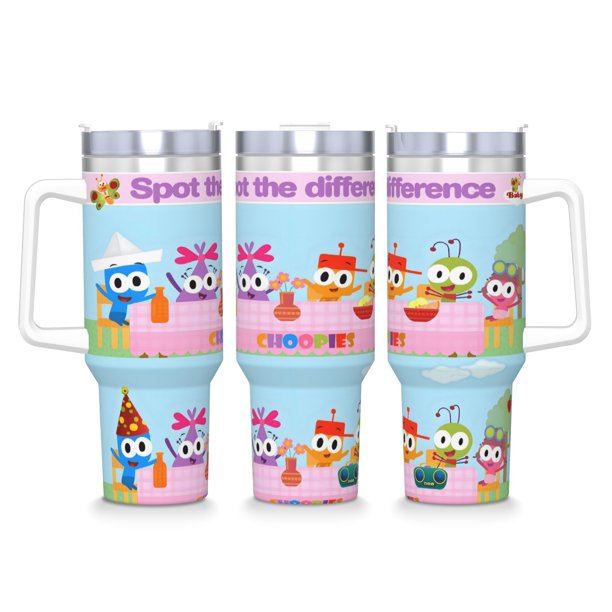 Aventura con los Choopies Vaso aislado de acero inoxidable con asa, diseño temático, regalo para familia, amigos y fans; incluye pajita y encaja en el portavasos estándar, 40 oz