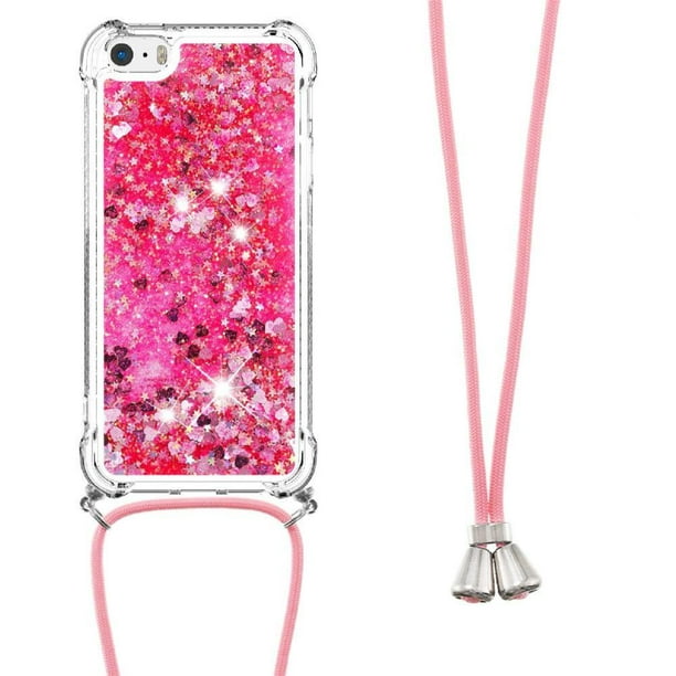 Funda FOXDOCK para iPhone 5/5s con Cuerda Ajustable, Brillo Líquido, Protección Antigolpes y Lente – Ideal para Regalo