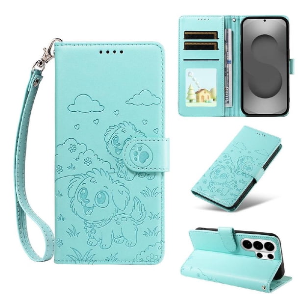 Funda Cartera para Samsung Galaxy S26 Ultra Perro Cachorro Grabado con Tarjetas Soporte Correa Verde