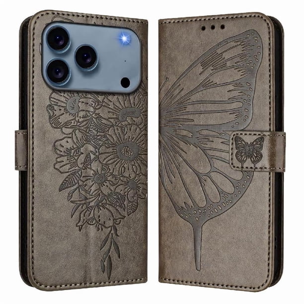 Funda Cartera Mariposa Para Iphone 17 Pro Max Con Soporte Y Ranuras Para Tarjetas Gris